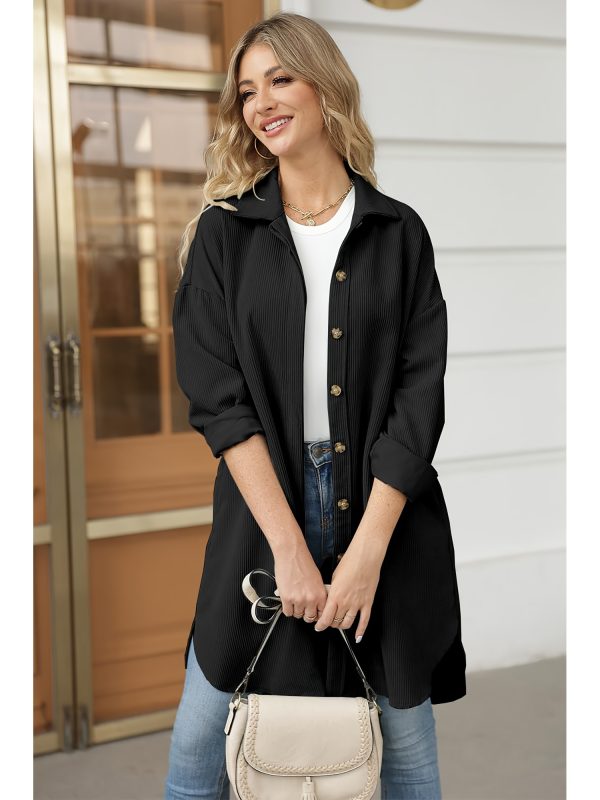 women's light blue corduroy shacket casual long button shirt with side slit, oversized collar coat for spring & fall, polyester fabric, machine washable