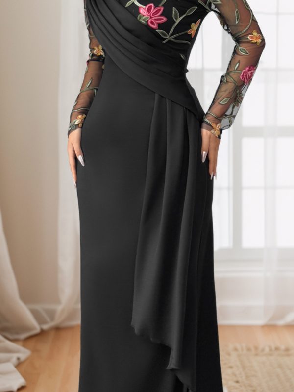 elegant black lace panel evening gown for women sheer long sleeve with floral embroidery, high low hemline, perfect for dinners and parties, party evening wear | floral embroidery dress | lace detailing, lace dress