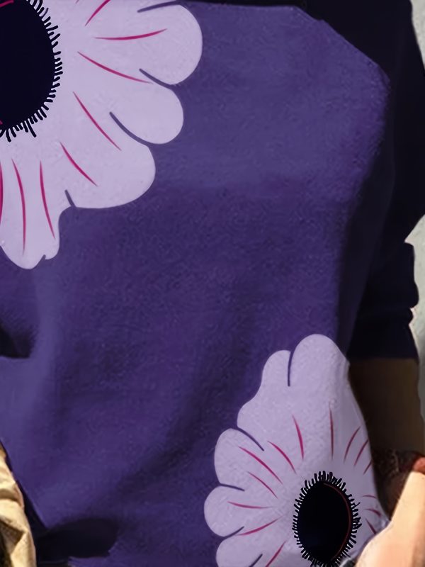 women's elegant purple floral print high neck long sleeve t shirt loose fit casual fashion top for spring, fall & winter, soft polyester blend, hand wash or dry clean, sizes s to xl