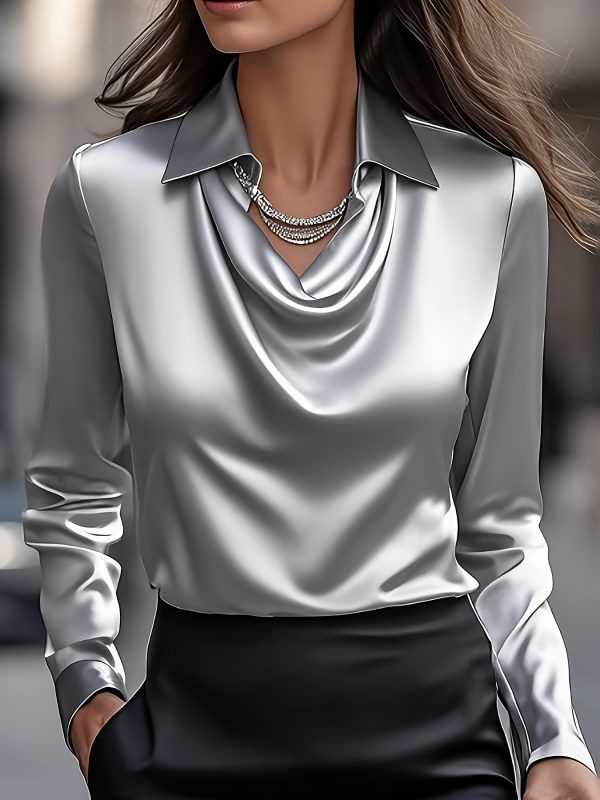 european and american fashionable casual women's clothing, satin simple swing collar shirt, commuting design sense top temperament, women's clothing
