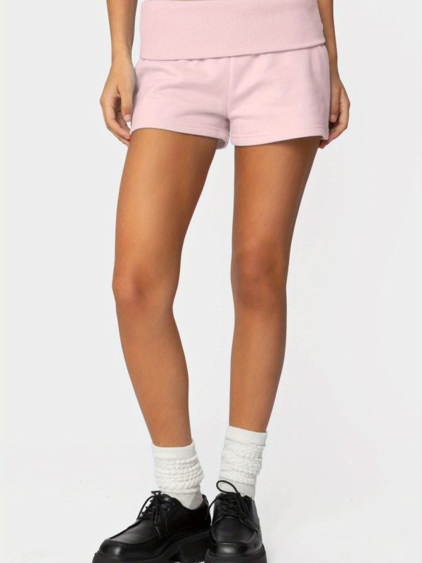 women's elastic low waist fold over lounge shorts summer slim fit mini pajama shorts, breathable machine washable casual sleepwear & daywear, solid color, sleep shorts, comfortable loungewear, versatile clothing, durable fabric