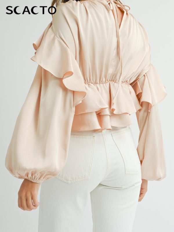 beige long sleeve top with ruffled layered design, round neck style, suitable for daily casual or stylish matching