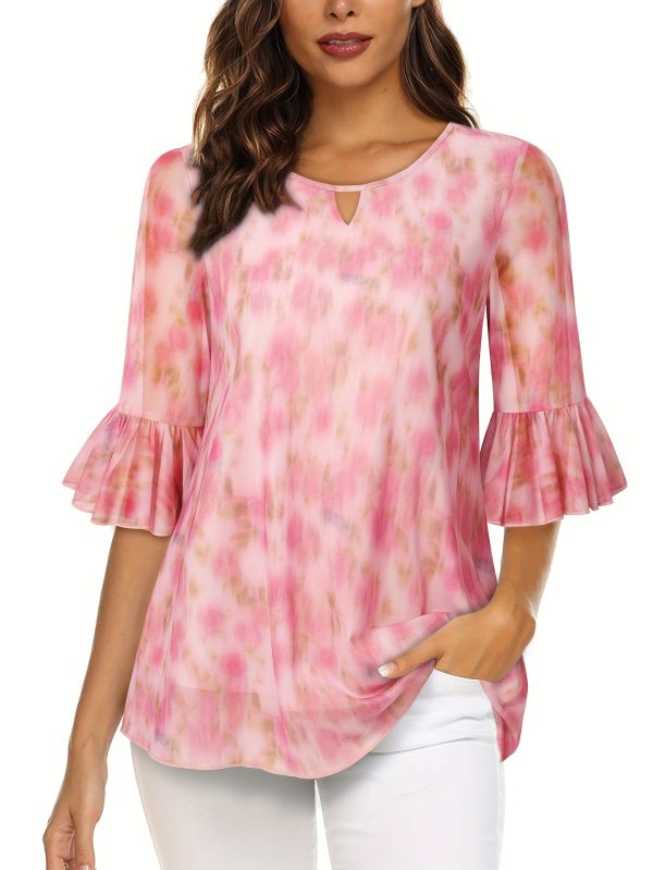women summer tops blouses and shirts double layer printed mesh top round neck 3u002f4 sleeve bell sleeve corset
