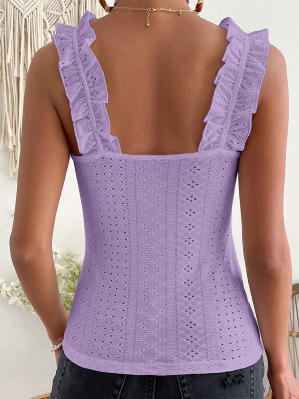 scacto 2025 sleeveless tank top with ruffle strap& square neck eyelet, slim fit blouse