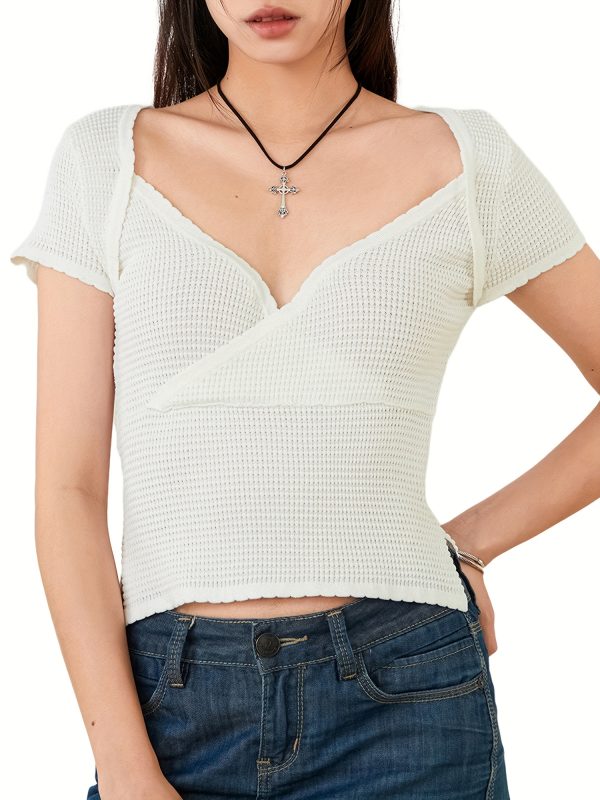 women's summer slim crop tops white short sleeve v neck side split short t shirt