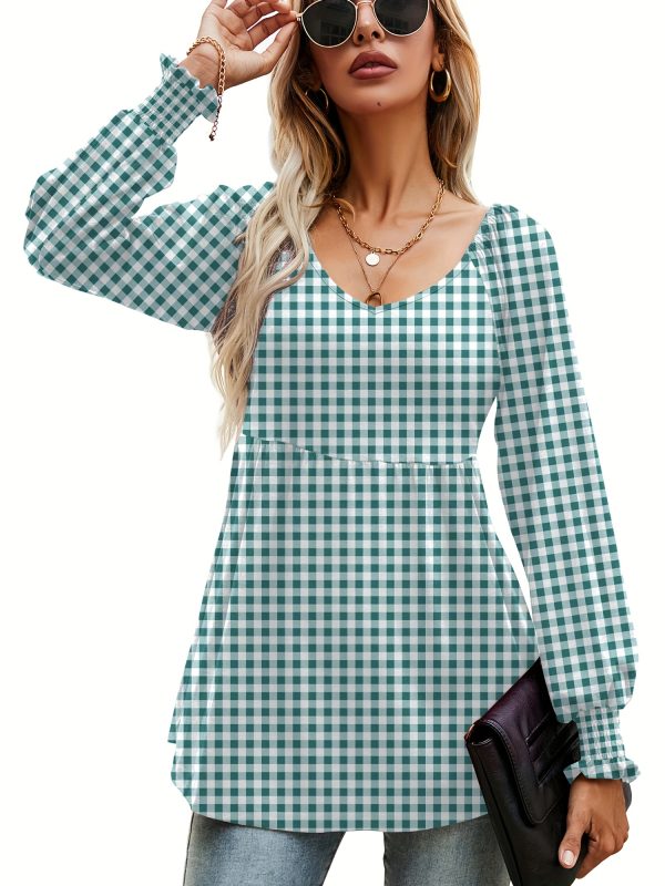 women's casual v neck long sleeve blouse non see through fabric, everyday office outfit essential springu002fsummer wardrobe staple top, summer fashion, puffed sleeves, checkered pattern
