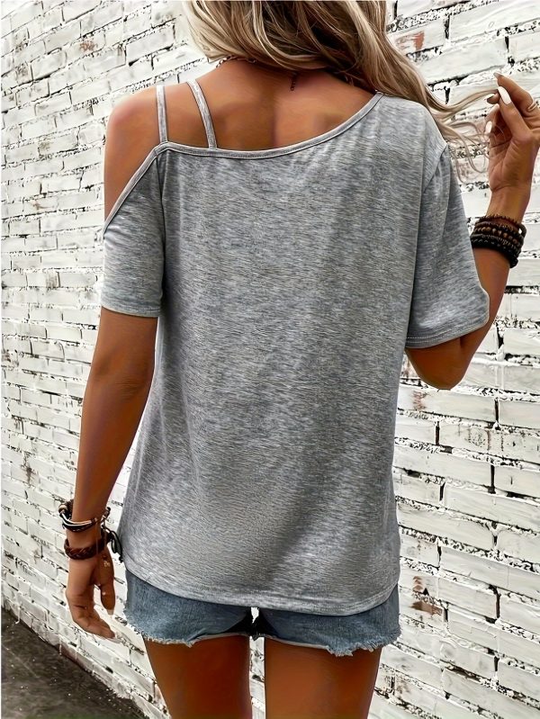 women's casual off shoulder t shirt with heart graphic short sleeve, asymmetrical neckline, light gray, perfect for summer & spring outfits, casual summer wear | asymmetrical neckline top | stylish casualwear