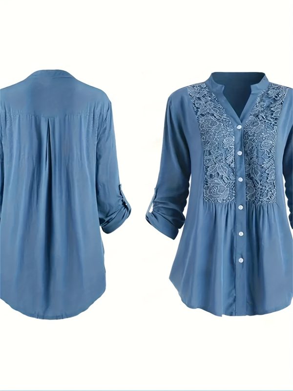 women's light blue v neck blouse with intricate lace detailing & single button front casual long sleeve top for springu002fsummer, machine washable polyester, casual wear | buttonfront shirt | scalloped edges, ladies blouses