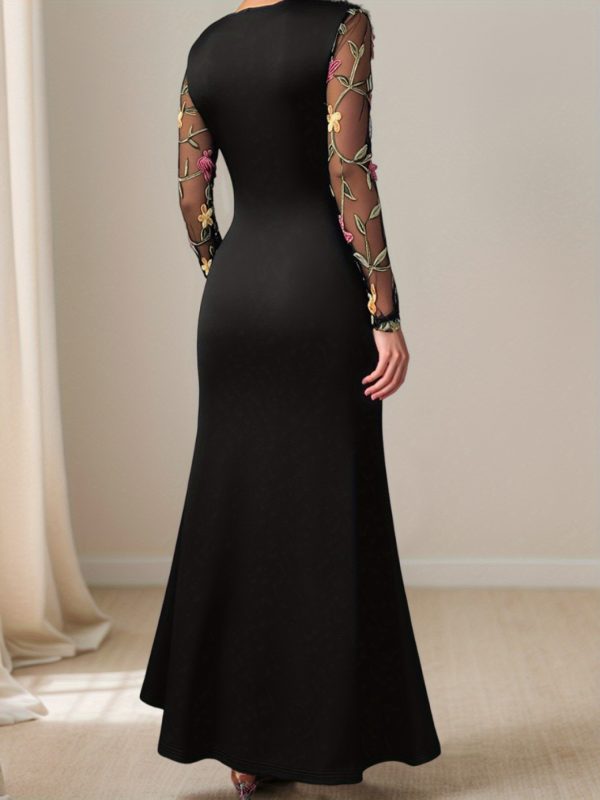 elegant black lace panel evening gown for women sheer long sleeve with floral embroidery, high low hemline, perfect for dinners and parties, party evening wear | floral embroidery dress | lace detailing, lace dress