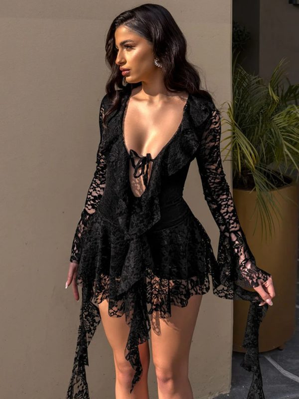 black sexy lace mid length dress for women, lace for lotus leaf ribbon dress