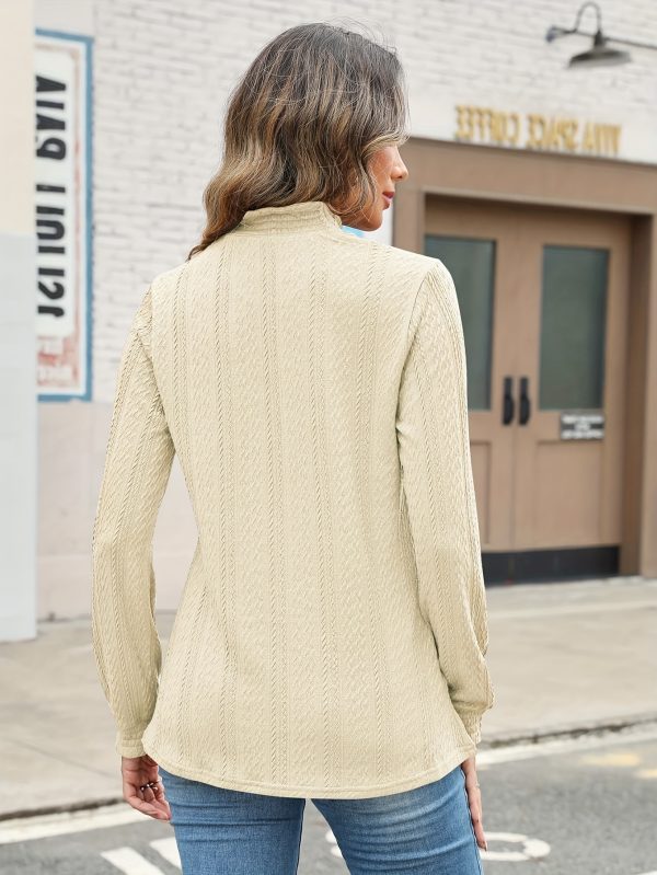 women's casual long sleeve ribbed top solid color stand collar pleated textured elegant tunic shirt, stretchy regular fit for fallu002fwinter, ladies tops and shirts, winter fashion, structured design, comfortable wear