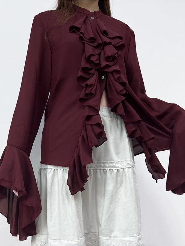 women's vintage inspired solid pink layered long flare sleeve blouse with ruffled neckline & windsor collar casual to party elegant shirt, machine washable springu002fsummer top, pink tops for women
