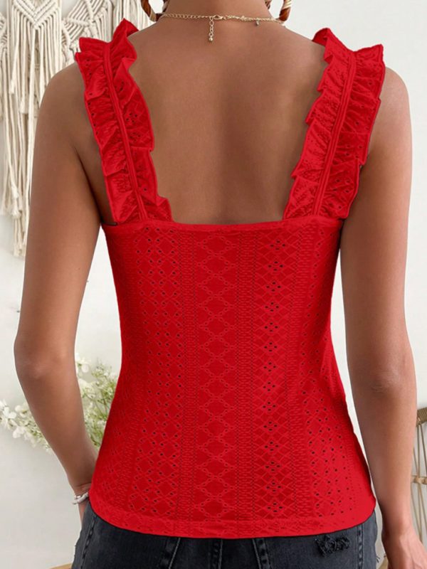 scacto 2025 sleeveless tank top with ruffle strap& square neck eyelet, slim fit blouse
