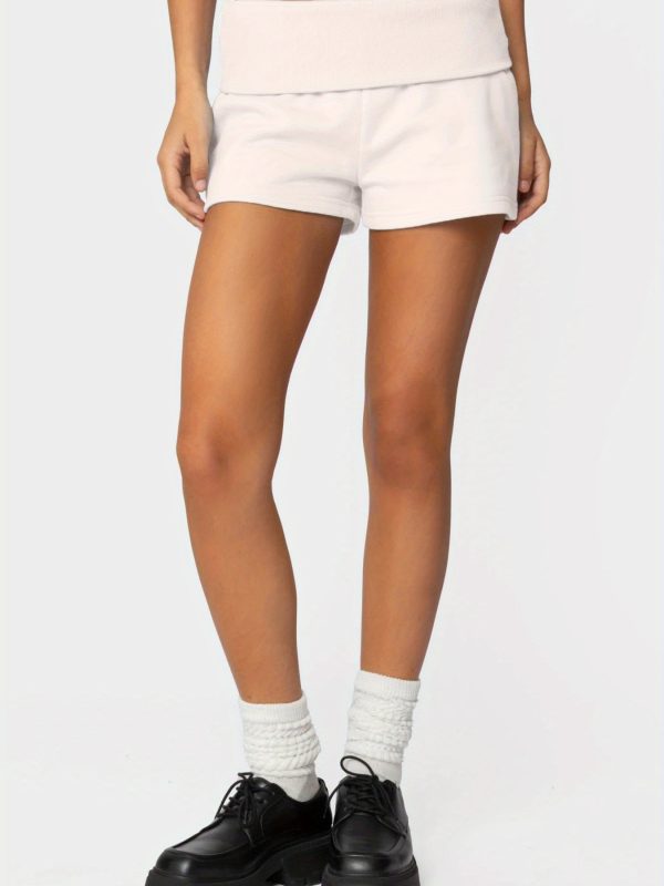 women's elastic low waist fold over lounge shorts summer slim fit mini pajama shorts, breathable machine washable casual sleepwear & daywear, solid color, sleep shorts, comfortable loungewear, versatile clothing, durable fabric