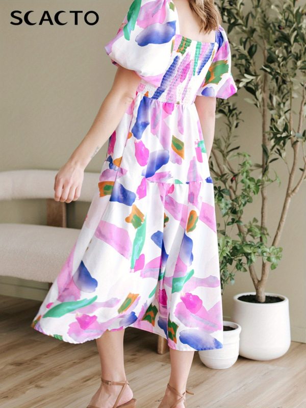 colorful floral print square neck dress with ruffled sleeves lightweight polyester, perfect for casual or stylish outfits, all season wear, casual attire|ruffled sleeve dress|polyester fabric