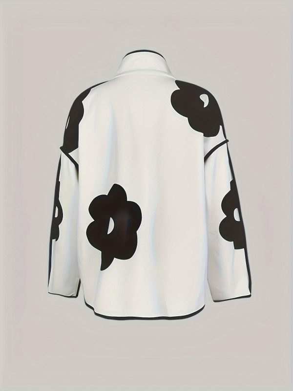 women's lightweight floral print jacket casual long sleeve with stand collar, single breasted buttons, white base with black floral patterns, perfect for fallu002fwinter outfits, winter outerwear | sleek design