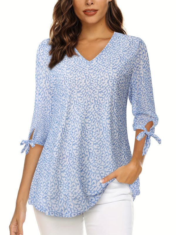 women summer tops blouses and shirts v neck double layer mesh printed shirt three quarter sleeve cuff strap top