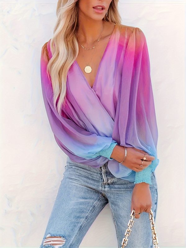 womens v neck gradient color long sleeve tops 2025 summer casual loose puff sleeve shirts