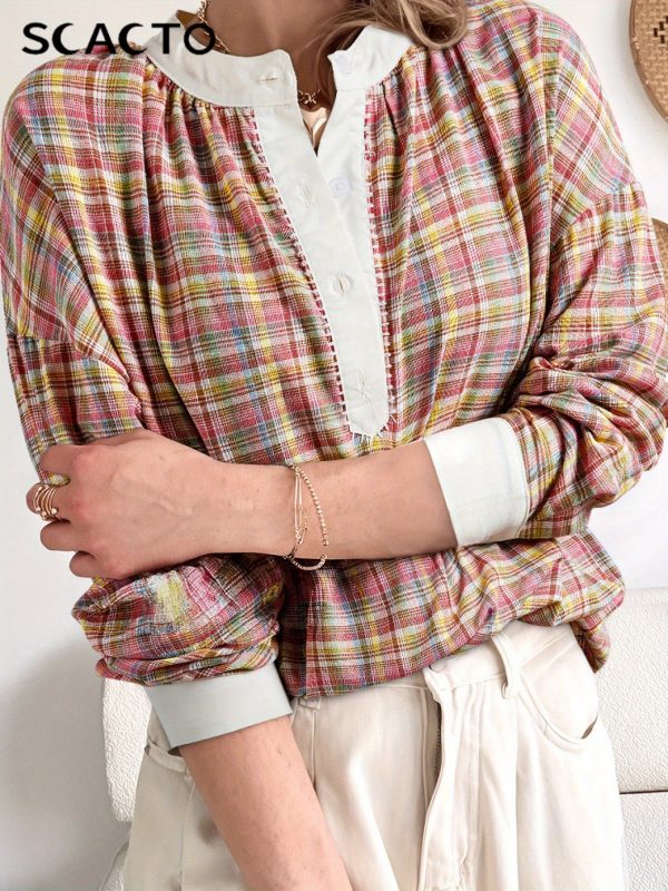 women's elegant pink plaid patchwork blouse button front henley shirt in pink, red, beige, white, green all season office & casual tops machine washable non transparent clothing, nontransparent fabric