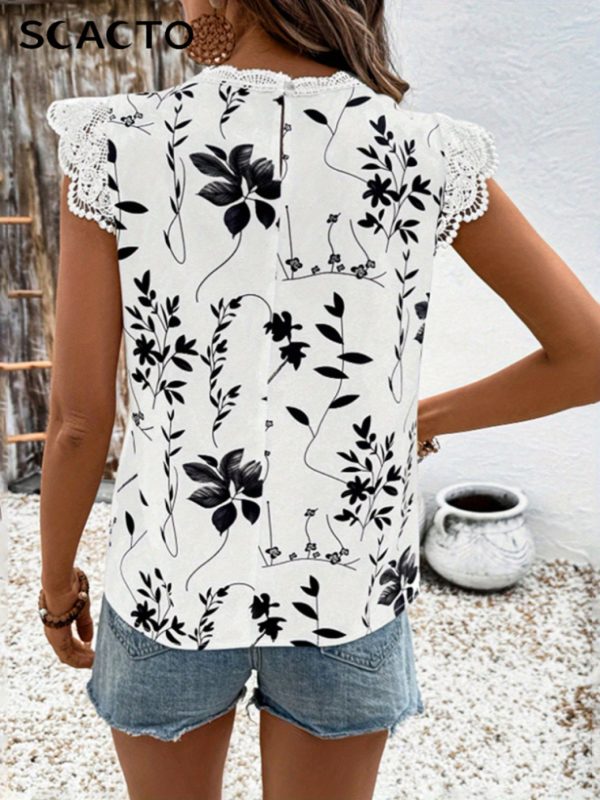 scacto women's geometric leaf print lace cap sleeve blouse black & white contrast crew neck casual shirt, all season machine washable top for casual attire, versatile shirt, feminine style, quality stitching, stylish shirt, summer wardrobe