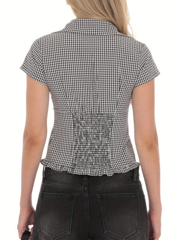 women's y2k slim fit short sleeve shirt black & white striped button up blouse, lightweight summer streetwear top for casual outfits, versatile fashion, classic collar, easycare material, stylish top, trendy outfits, breathable fabric, fashion lovers