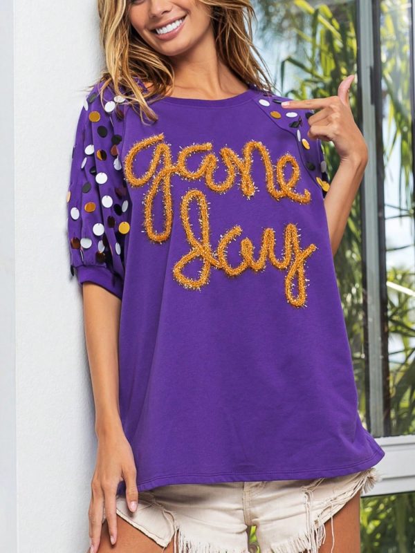 womens casual t shirt playful game day graphic tee polka dot sleeve design fashion purple gold letter print short puff sleeve round neck oversized loose fit athletic spirit wear team fan celebration top summer spring