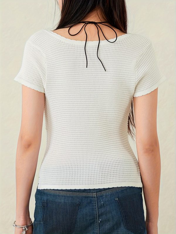 women's summer slim crop tops white short sleeve v neck side split short t shirt