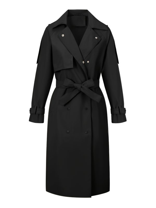 women's lightweight windproof trench coat jacket h silhouette regular fit with decorative buttons & pockets, solid black for spring winter commuting & casual outfits, ladies winter jackets, commuting apparel, durable commuting wear