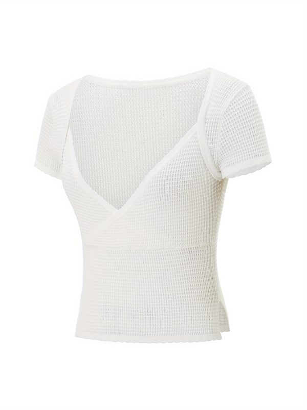 women's summer slim crop tops white short sleeve v neck side split short t shirt