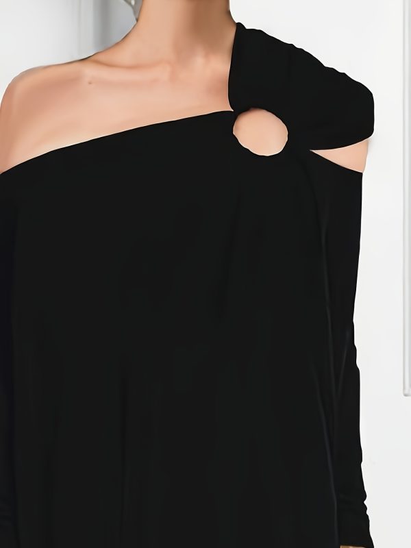women's sexy off shoulder long sleeve t shirt solid color asymmetrical neckline, loose fit, lightweight polyester blend for spring summer fall, versatile casual to dressy top, casual chic wear | asymmetrical neckline | lightweight fabric