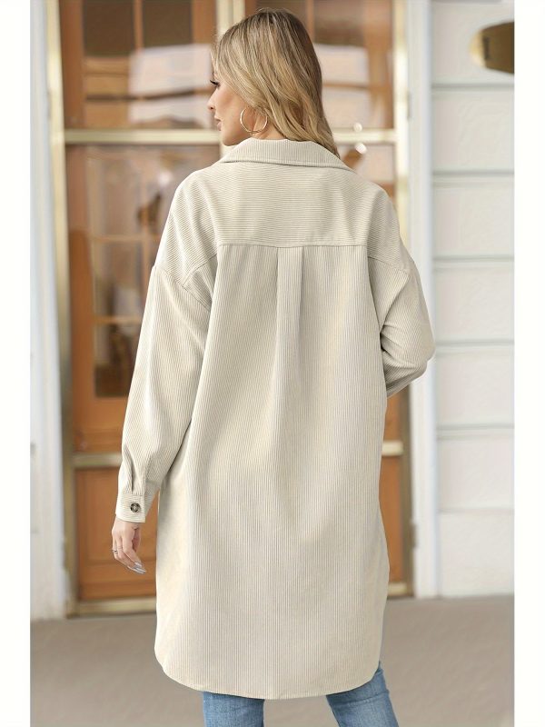 women's light blue corduroy shacket casual long button shirt with side slit, oversized collar coat for spring & fall, polyester fabric, machine washable