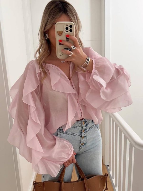 elevate your style game with our chic t shirt collection white, pink, and yellow options available, v neck, long sleeve, ruffle detail, all season wear, casual chic top|vneck tshirt|ruffle detail shirt