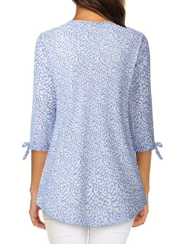 women summer tops blouses and shirts v neck double layer mesh printed shirt three quarter sleeve cuff strap top