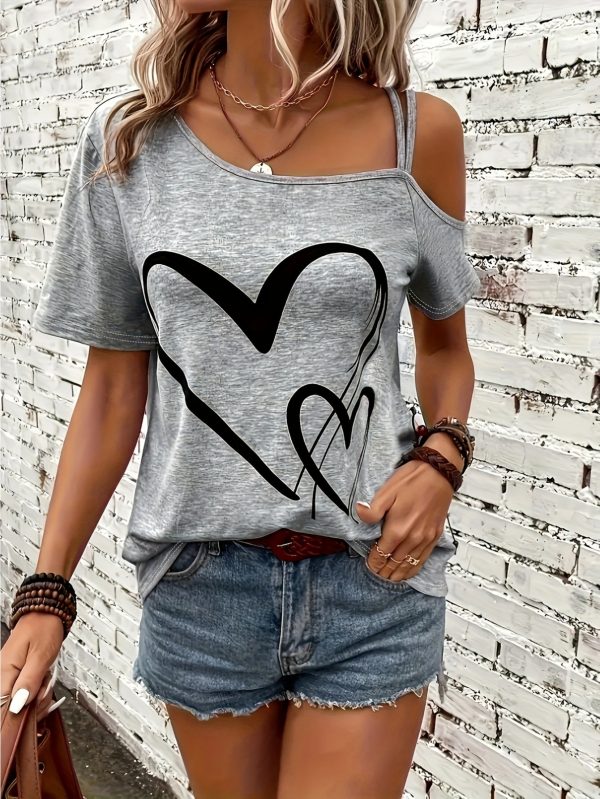 women's casual off shoulder t shirt with heart graphic short sleeve, asymmetrical neckline, light gray, perfect for summer & spring outfits, casual summer wear | asymmetrical neckline top | stylish casualwear