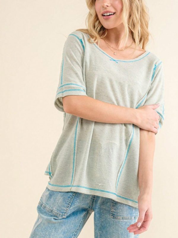 womens casual t shirt relaxed fit contrast stitch detail scoop neck top elbow length sleeve athleisure basic heather grey blue trim summer daily wear loose comfort tee blouse weekend loungewear