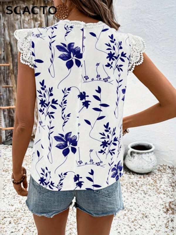 scacto women's geometric leaf print lace cap sleeve blouse black & white contrast crew neck casual shirt, all season machine washable top for casual attire, versatile shirt, feminine style, quality stitching, stylish shirt, summer wardrobe