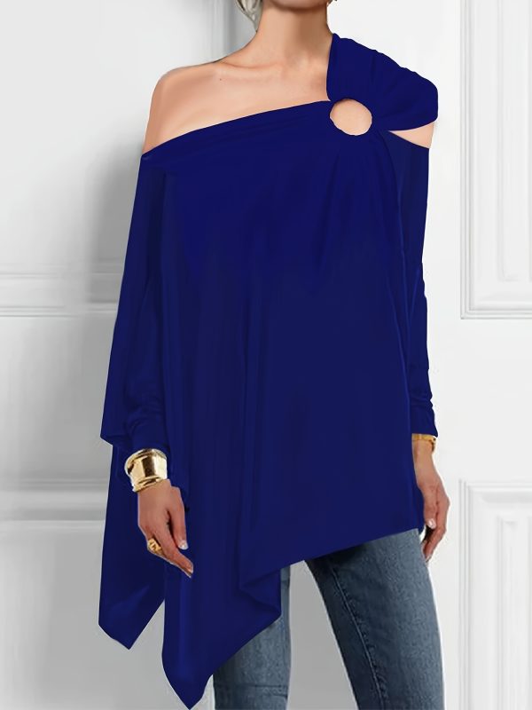 women's sexy off shoulder long sleeve t shirt solid color asymmetrical neckline, loose fit, lightweight polyester blend for spring summer fall, versatile casual to dressy top, casual chic wear | asymmetrical neckline | lightweight fabric