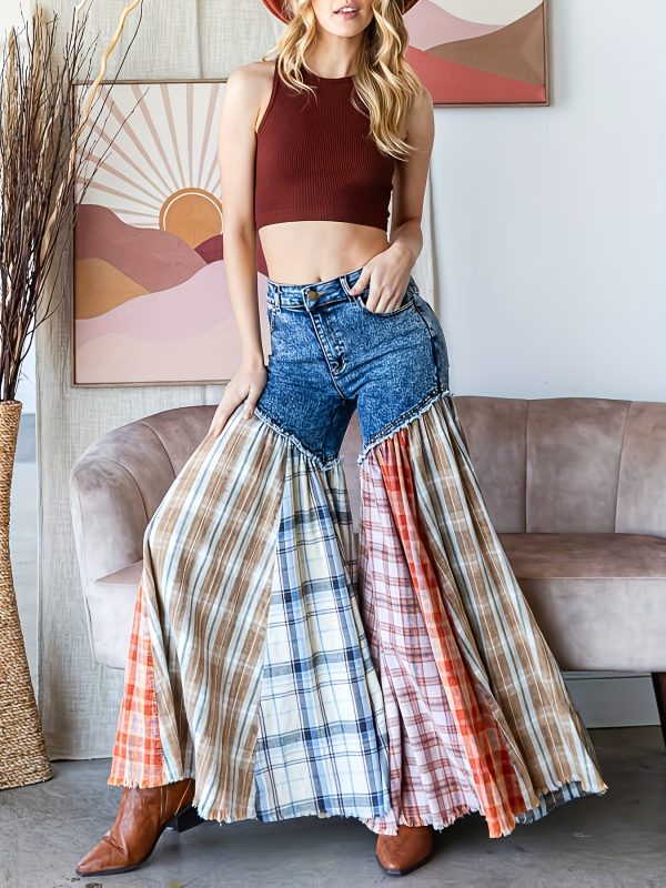 women's denim patchwork flared bell bottom pants with ruffled hem street style casual trousers, all season regular fit length for everyday outings, relaxed outfit jeans, durable fabric jeans