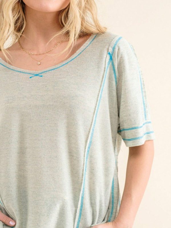 womens casual t shirt relaxed fit contrast stitch detail scoop neck top elbow length sleeve athleisure basic heather grey blue trim summer daily wear loose comfort tee blouse weekend loungewear