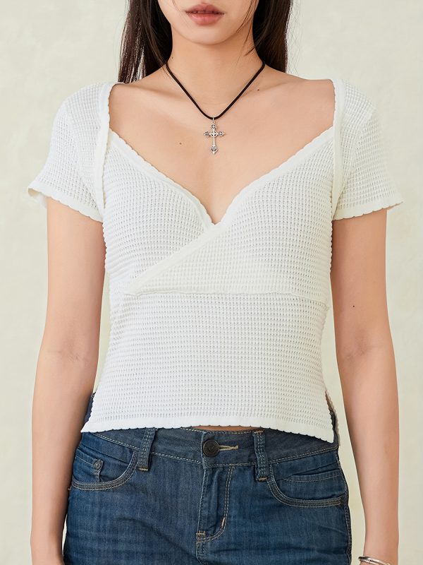 women's summer slim crop tops white short sleeve v neck side split short t shirt