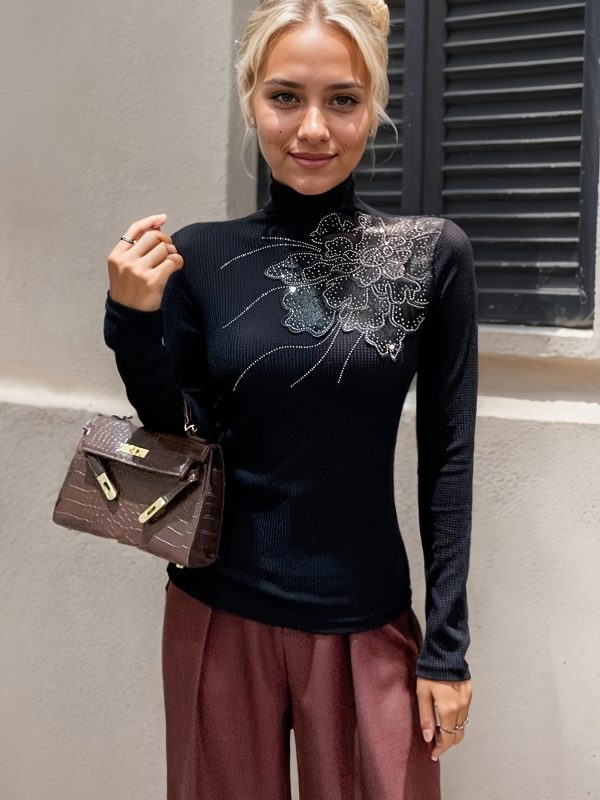 1pc elegant high neck turtleneck top with rhinestone applique, polyamide 90% elastane 10% knit fabric, asymmetrical detailing, springu002ffall season solid color mesh blouse