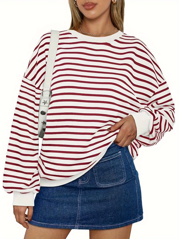casual pullover top for women featuring a striped oversized design, long sleeves, and a crewneck hoodie, inspired by y2k fashion.