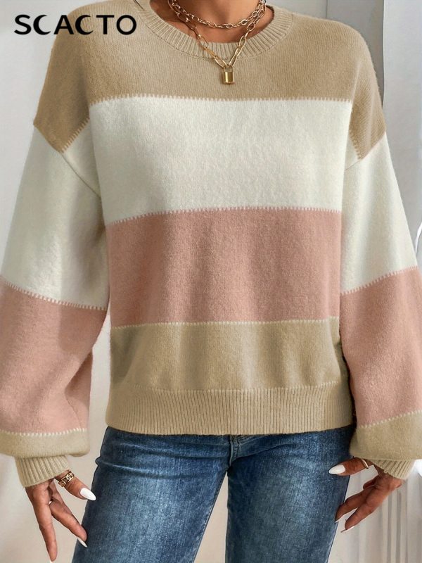 women's casual striped pullover beige, white, and pink stripe design, showing naturally elegant temperament, women's apparel suitable for spring and autumn seasons