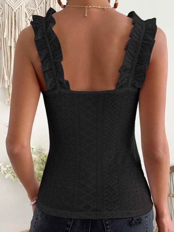 scacto 2025 sleeveless tank top with ruffle strap& square neck eyelet, slim fit blouse