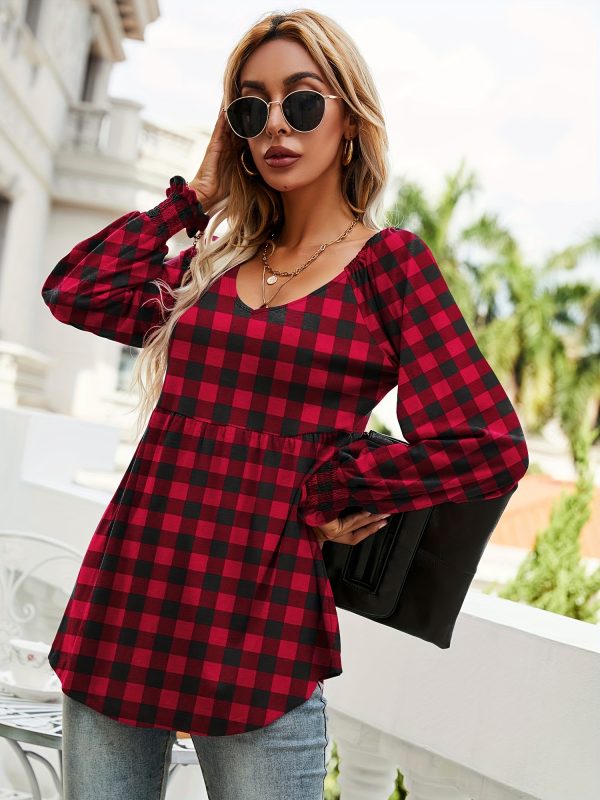 women's casual v neck long sleeve blouse non see through fabric, everyday office outfit essential springu002fsummer wardrobe staple top, summer fashion, puffed sleeves, checkered pattern