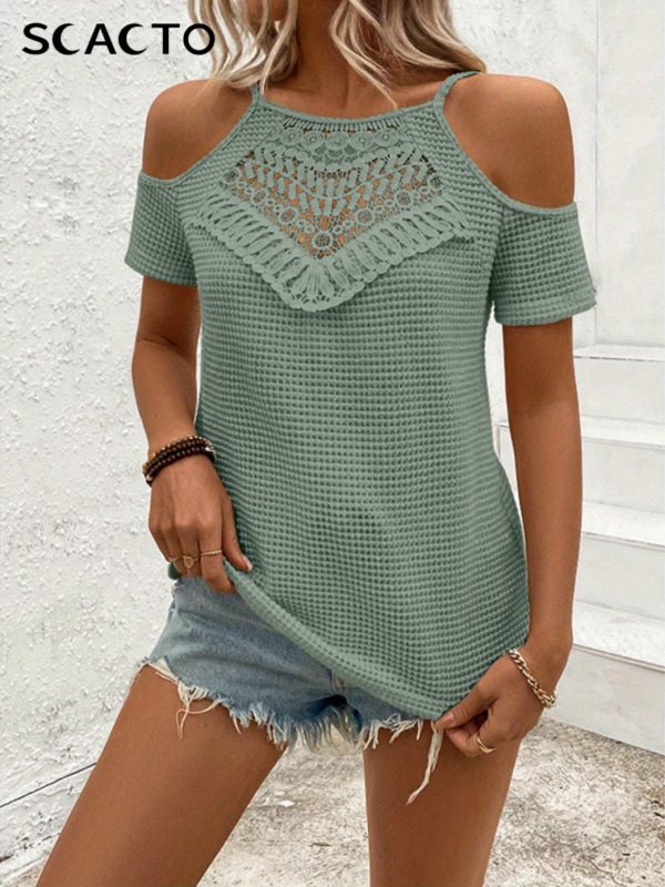 scacto 2025 women's summer cold shoulder tops with hollow out lace crochet short sleeve casual blouse
