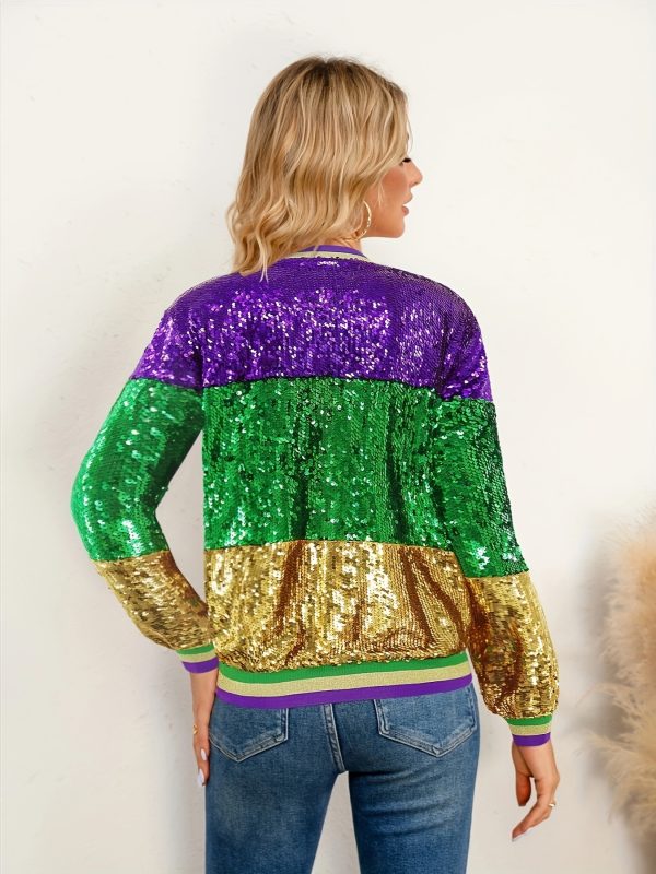 color block sequins long sleeve jacket, casual full zip jacket for spring & fall, women's clothing