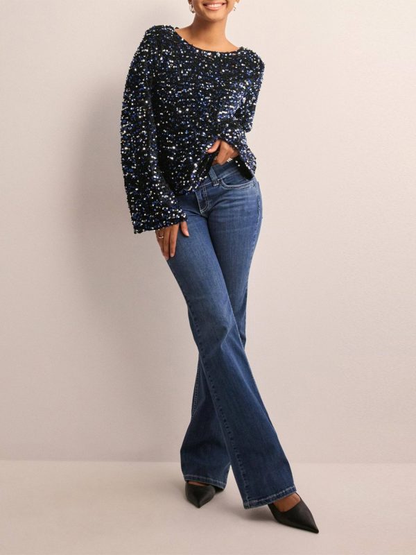 elegant women's long sleeve glitter sequin top round neck with chic back bow, stretchy & comfortable polyester blend, perfect for party wear