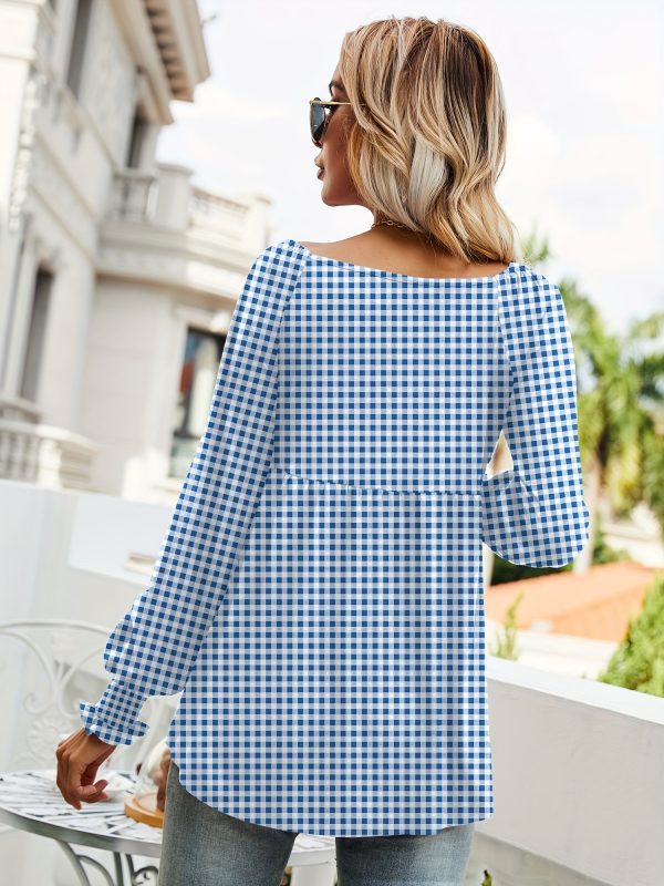 women's casual v neck long sleeve blouse non see through fabric, everyday office outfit essential springu002fsummer wardrobe staple top, summer fashion, puffed sleeves, checkered pattern