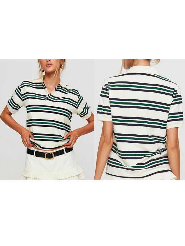 women's y2k vintage striped crop top with lapel collar casual short sleeve shirt in brown & light blue, non stretch machine washable fabric for spring summer fall streetwear, teenage fashion, soft texture